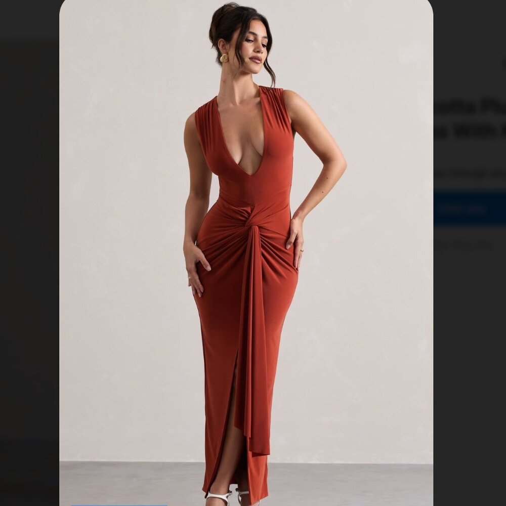 Terracotta Plunge-Neck Split Maxi Dress With Knot Detail